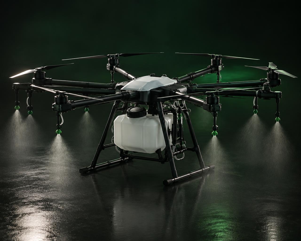 Drone agrícola de pulverização com tanque e bicos
